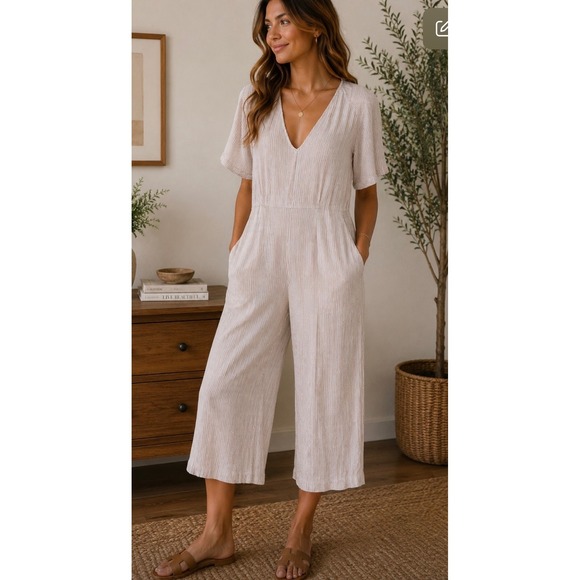 World Market Pants - World Market Striped V-Neck Wide Leg Jumpsuit Beige Red S/M Boho Crinkle Pockets